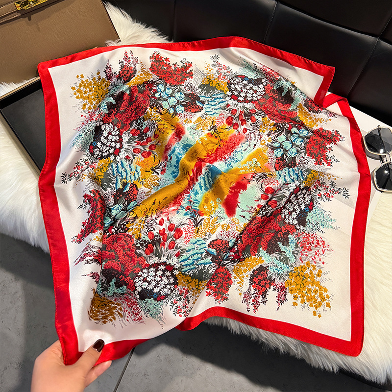 Women's Floral Print Silk Feel Square Scarf Elegant Neck Warmer_voghion.com