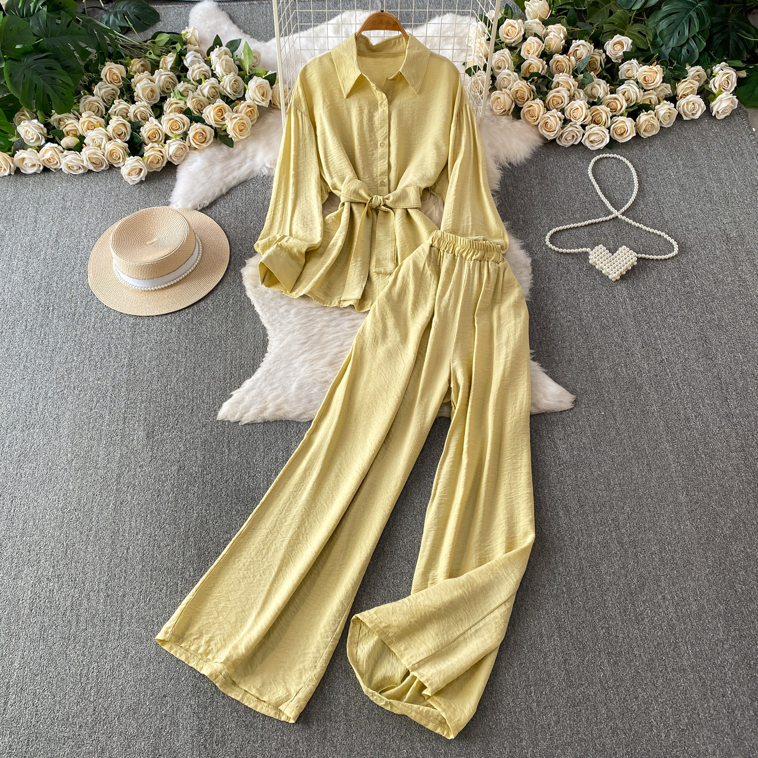 Women's Korean Style Two-Piece Set - Loose Long Sleeve Shirt With Tie-Waist & Wide Leg Trousers, Casual Office Wear Summer Outfit_ecoleips.com