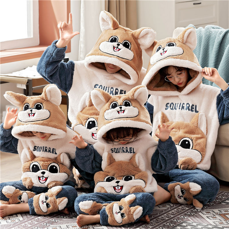 新款亲子装睡衣一家三口秋冬季加厚加绒珊瑚母女父子家居服套装