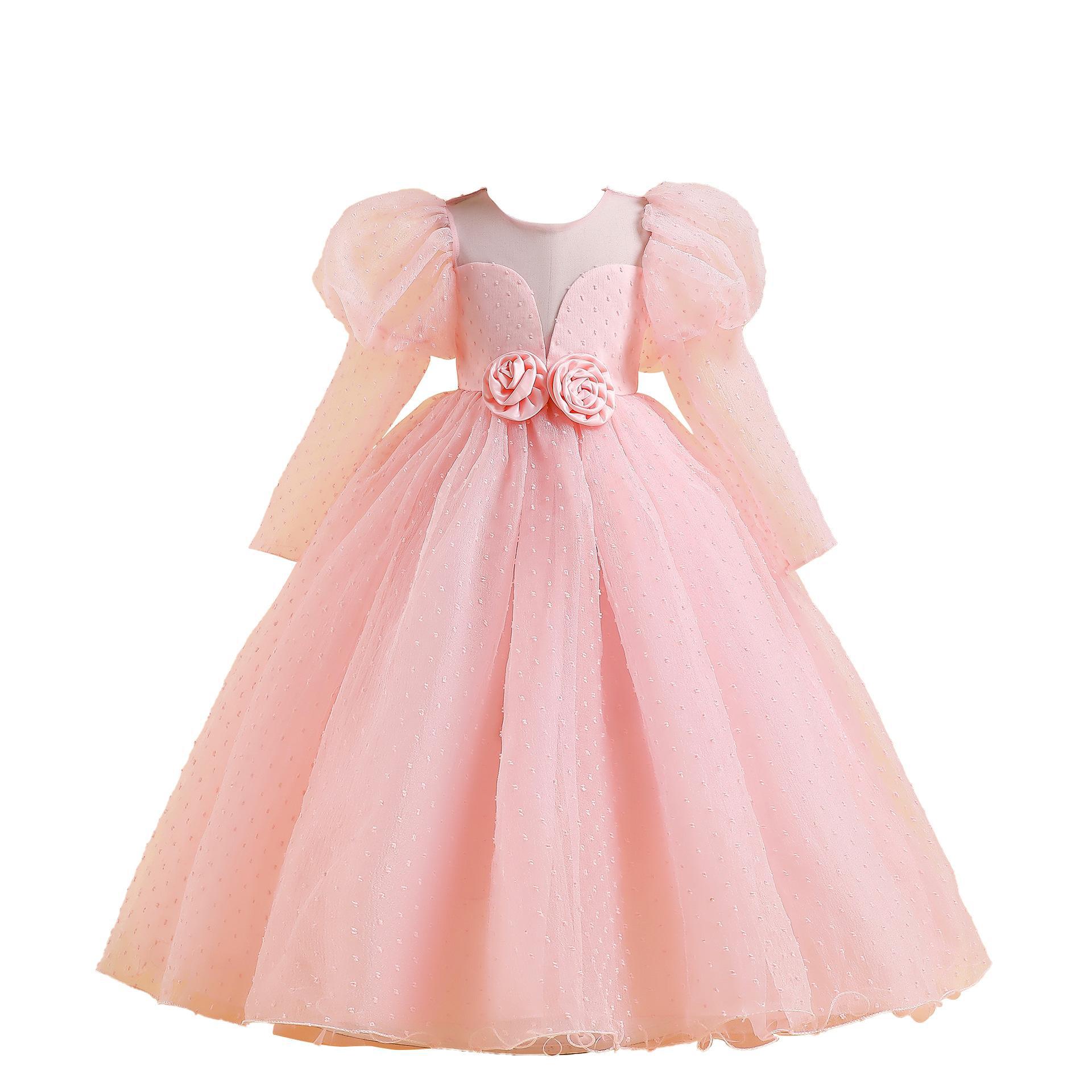 Europa y América nuevo medio y grande vestido de los niños burbuja manga larga princesa mullida gasa vestido piano rendimiento vestido de noche vestido