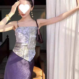 泰印花串珠吊带背心女海边外穿辣妹欲露背不规则三角上衣