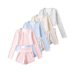 純欲風ドーパミン丸首単列ボタンショートカーディガンU襟小ストラップウエストパンツ三点セット