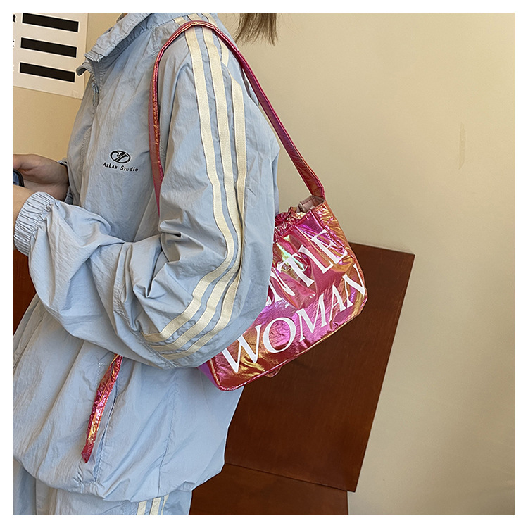 Candy colored new letter printed drawstring shoulder niche design dumpling women's armpit bag_voghion.com