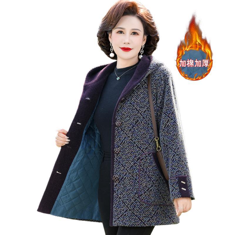 Middle-Aged Mother's Mink Velvet Outwear, Mid-Length Cotton Outwear, Elderly Women's Hooded Imitation Mink Velvet Outwear