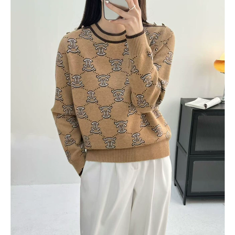 Плечевые пуговицы двойной осенью и зимой новый трикотаж свободный дикий круглый воротник