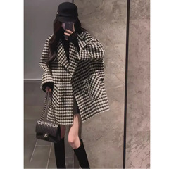 新品亚马逊欧美小香风秋冬季毛呢外套女超好看千鸟格呢子宽松大衣
