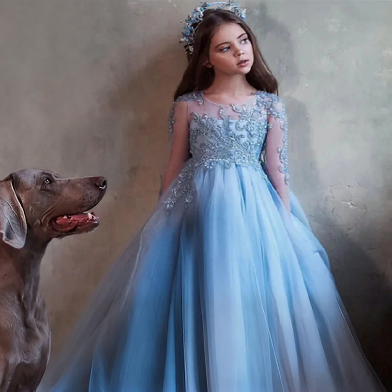 Elegante abito da bambina in tulle blu nebbia con pizzo e maniche lunghe, perfetto per compleanni, servizi fotografici, feste e spettacoli teatrali. 【Pre-ordine | Spedizione in 15 giorni】_voghion.com
