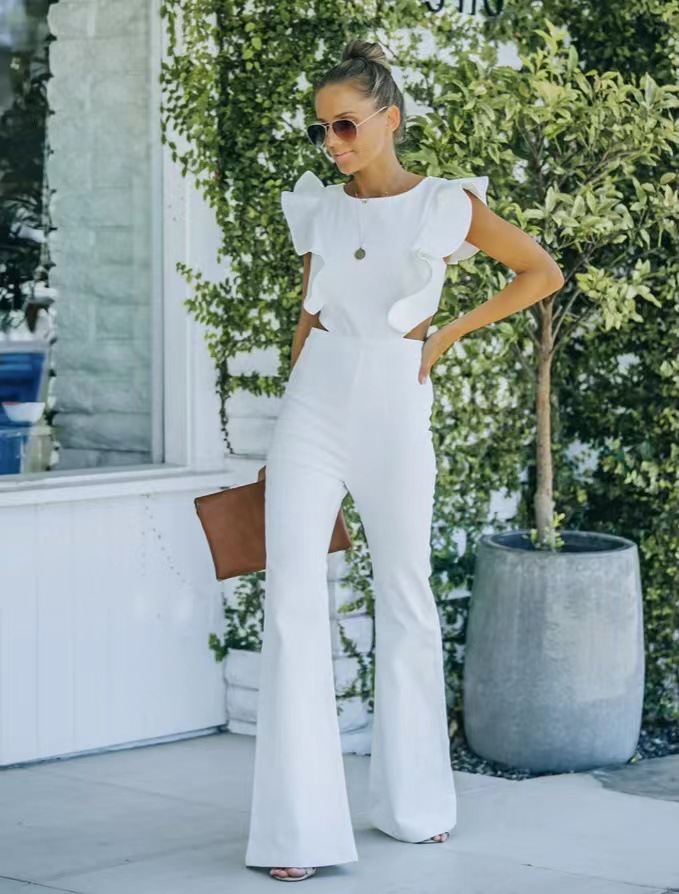 White Ruffled Backless Jumpsuit