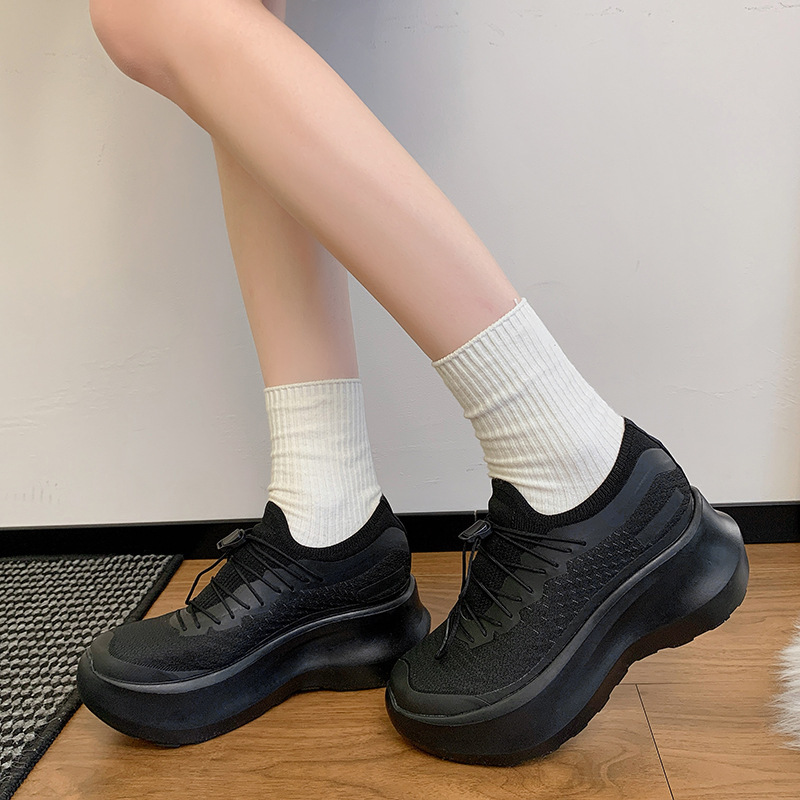 厚底小白鞋女款2025新款秋季透气网面松糕鞋白色内增高飞织运动鞋|undefined