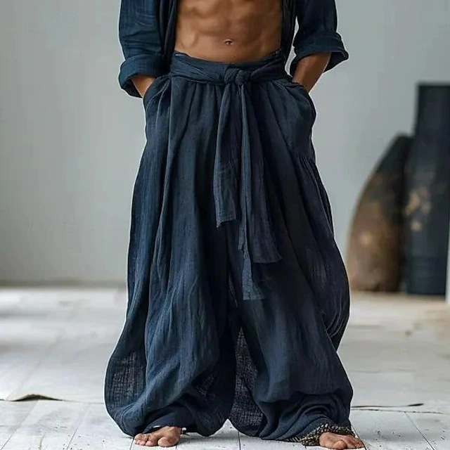 2025 pantalones de lino de hombre verano cintura elástica piernas anchas simple cómodo ocio transpirable vacaciones diarias moda