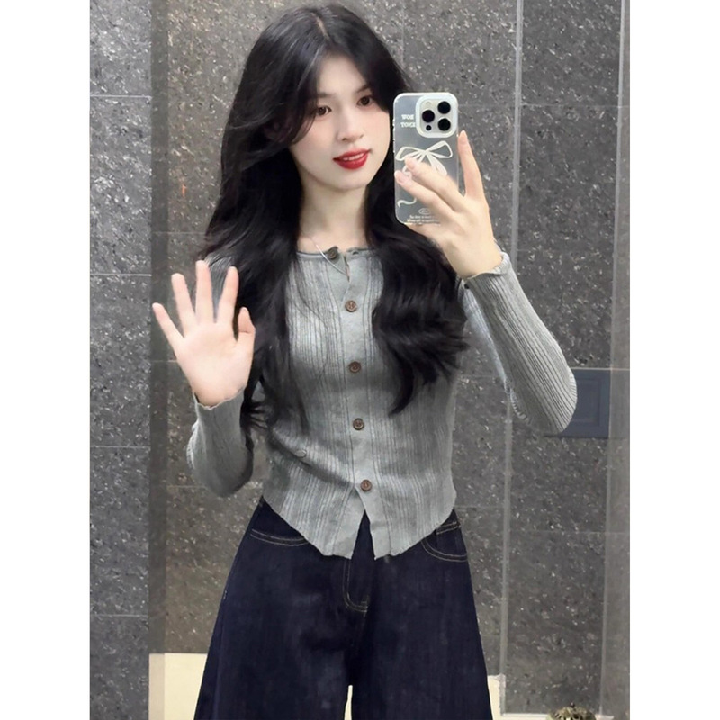 法式灰色小香风长袖针织开衫女早秋外穿短款毛衣外套奶fufu上衣薄|undefined