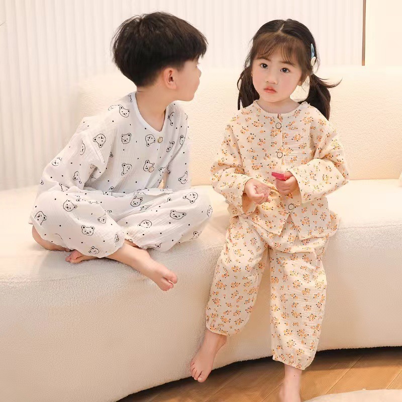 Children's Pajamas Home Clothes Baby Cartoon Gauze Boy's and Girl's Cotton Yarn Nine-point Sleeve Home Clothes Girl's suit