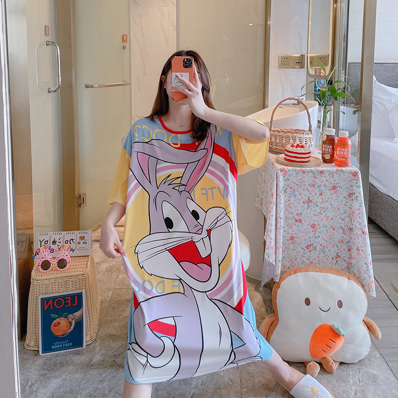 Camisón de verano de las mujeres camisón de manga corta de comercio exterior de dibujos animados pijamas delgados de una sola pieza vestido lindo homewear