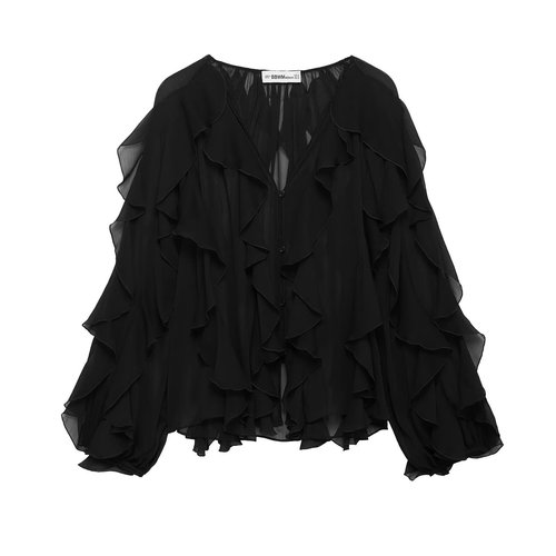 2025 European and American Style Spring Women's Long-Sleeve Layered-Design Ruffle-Trimmed Shirt 6112