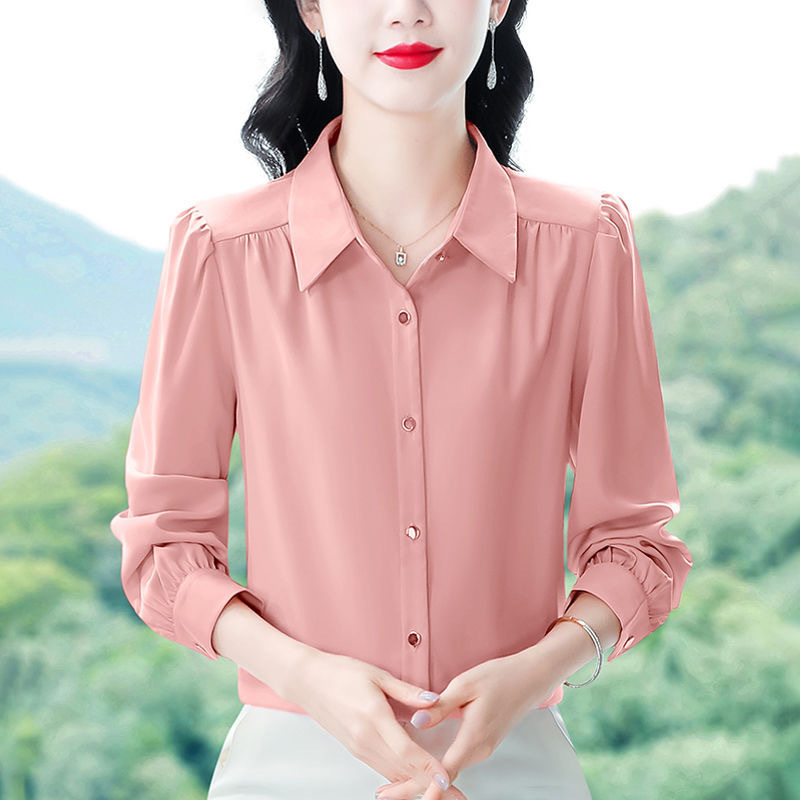 Women's Long-Sleeved Shirt, Spring and Autumn Shirt, Solid Color, Slimming, Loose, Base Layer, Patchwork Design, Puff Sleeves, Fashionable and Versatile