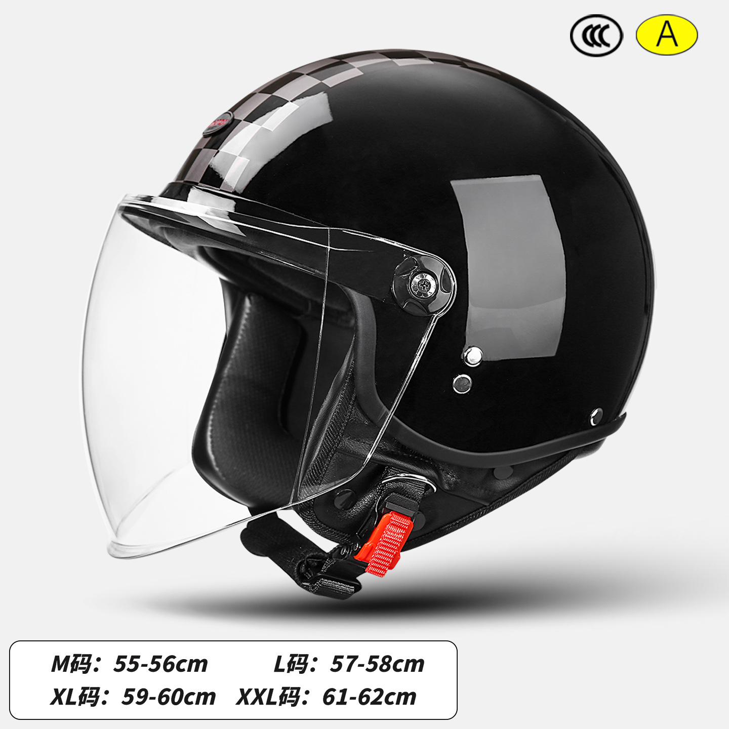 Retro 3C Certified, Motuoche Motosiklet kaskı (dəbilqə) - painted-surface-gloss-black-long-transparent-lens-size-m-55-56cm