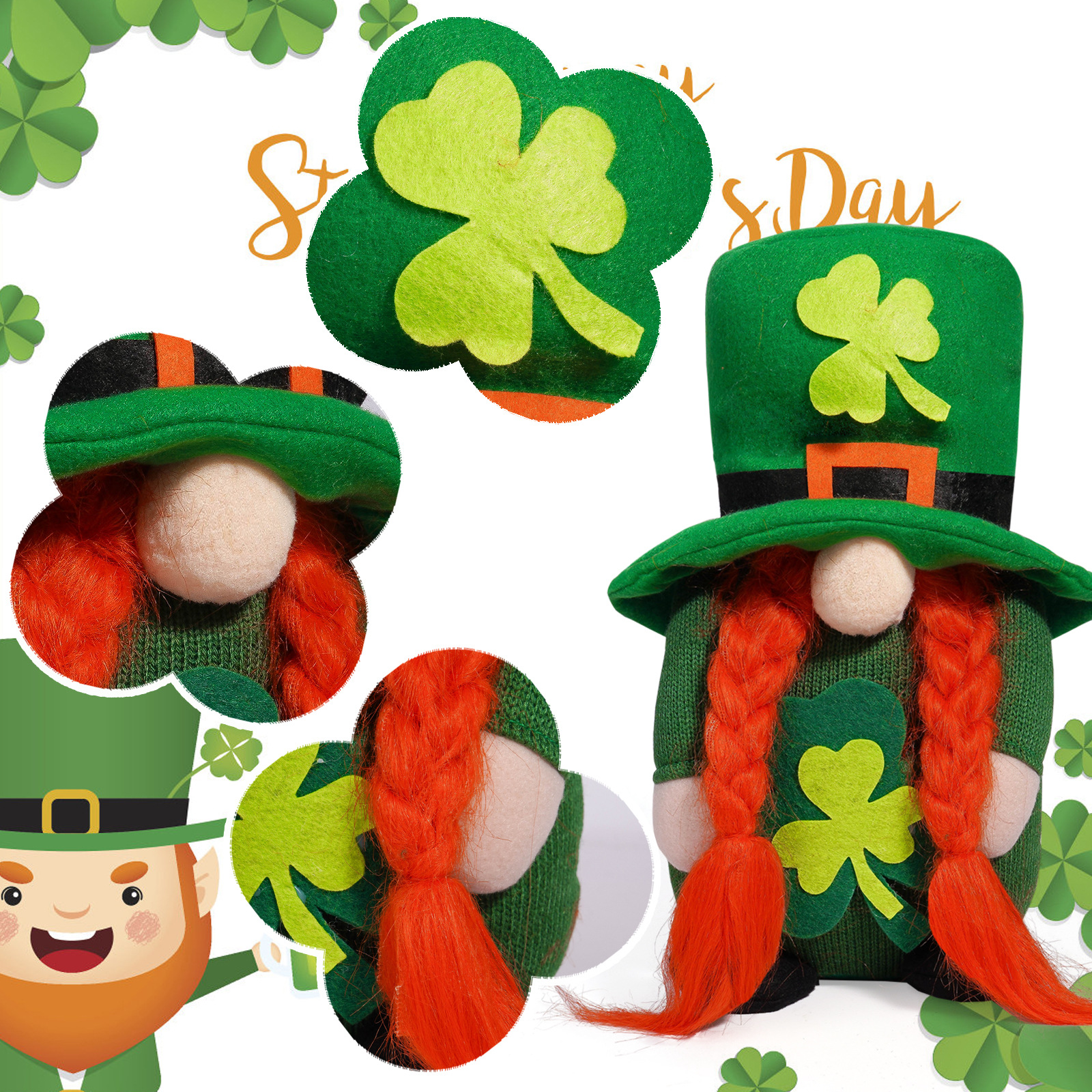 Muñecas irlandesas transfronterizas del día de San Patricio muñecas de hojas verdes Rudolph ornamentos regalos navideños