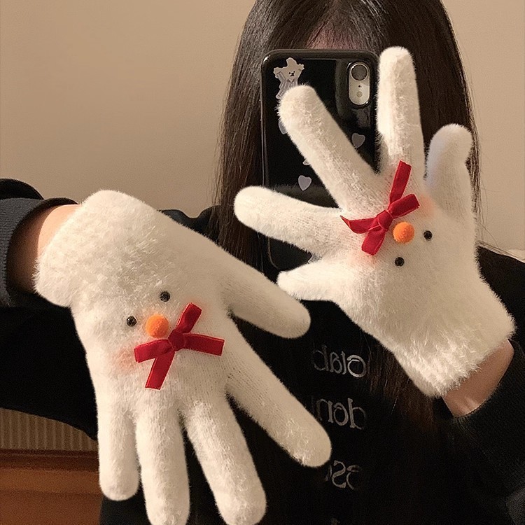 可爱蝴蝶结雪人毛绒针织五指手套女冬季保暖加绒加厚骑行防寒防风|undefined