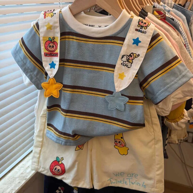 Children's Outfit 2026 Summer New Cartoon Striped Shawl Base Shirt Korean Style Fashionable Cute Toddler Set Children's Outfit 2026 Summer New Cartoon Striped Shawl Base Shirt Korean Style Fashionable Cute Toddler Set
