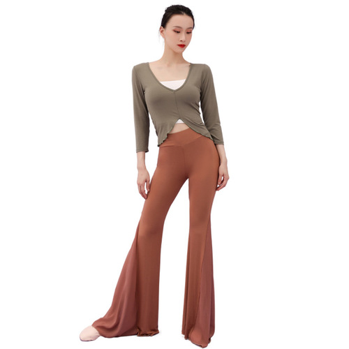  Reversible Dance Practice Clothes, Spliced ​​Flare Pants, Deep V Peach Neck Top, Stretch Chiffon Modal Pants