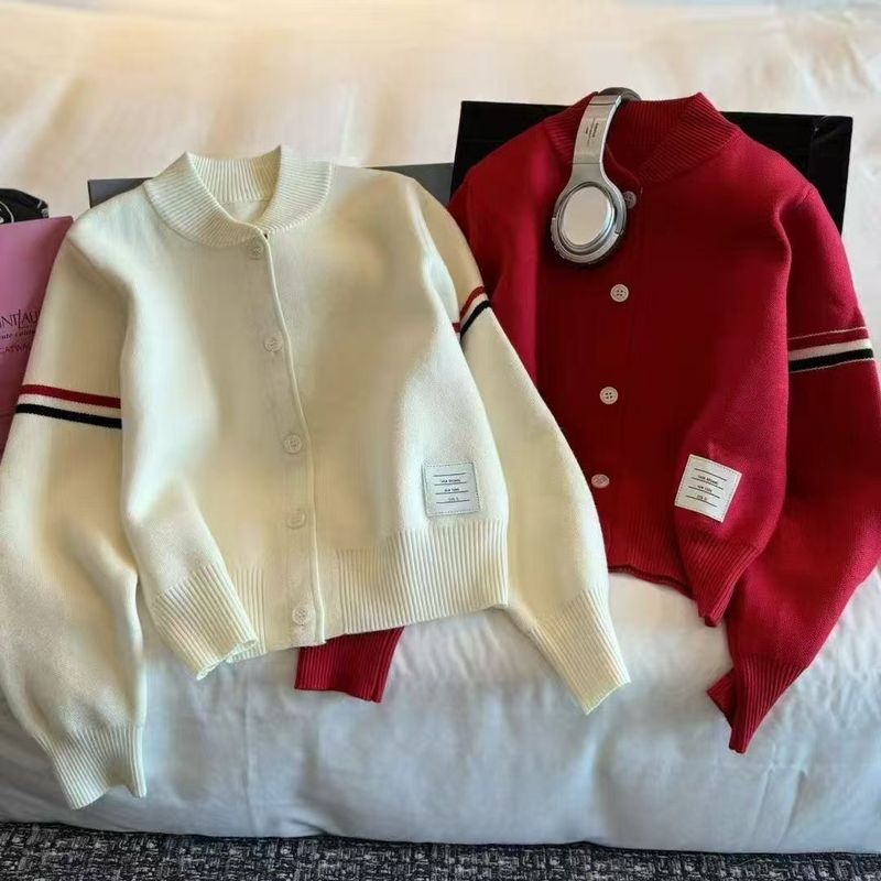 秋冬韩式半高领开衫学院风棒球服彩色织带条纹长袖针织毛衣女外套|undefined