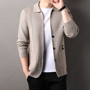 Men's Cardigan Spring and Autumn Non-ironing Long-sleeved Top Lapel Sweater T-shirt Coat Skin-friendly Fashion All-match Knitted Hugh