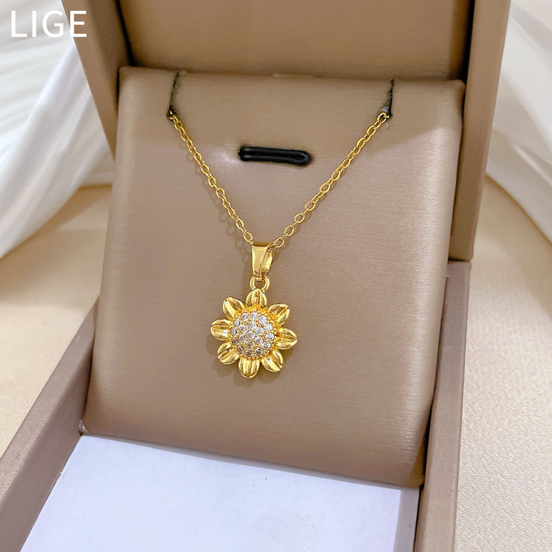 Wunderschöne Sonnenblumenhalskette Mit Strass Aus Titanstahl_voghion.com