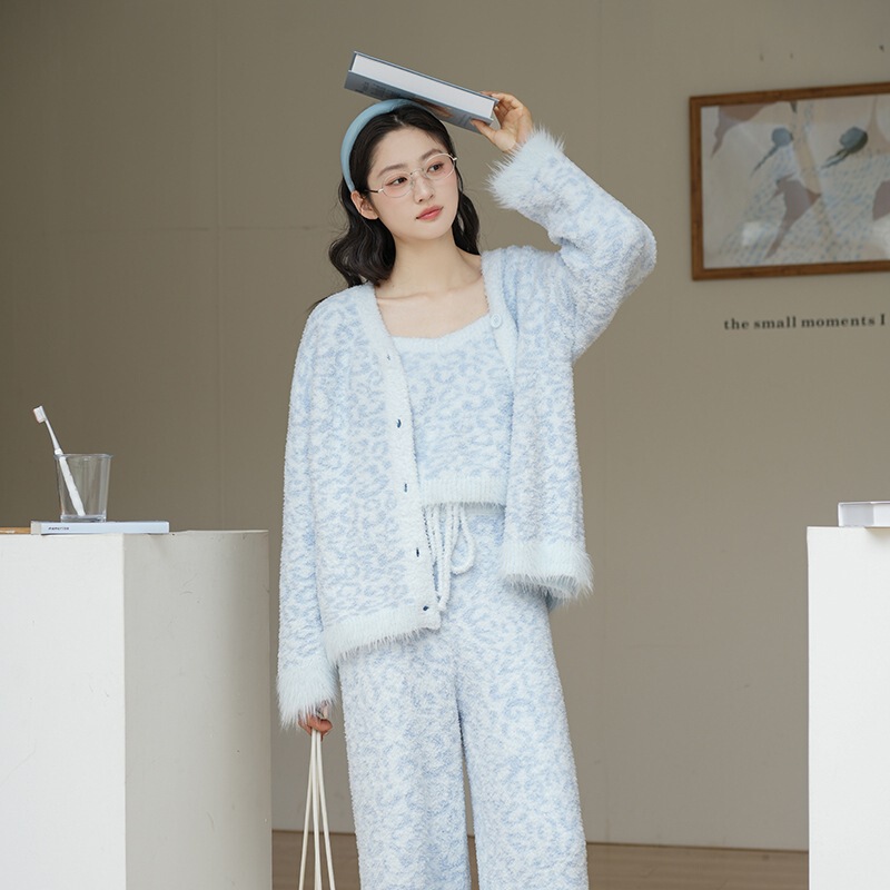 Winter Sweet Leopard Print Mink Fur Three-Piece Set Soft Fluffy Pajamas V-Neck Cardigan Camisole Half-Fleece Thickened Loungewear