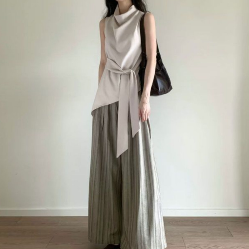 ハイセンススイングカラー不規則ノースリーブTシャツレディース2025夏新デザインレースアップウエスト痩身トップ|undefined