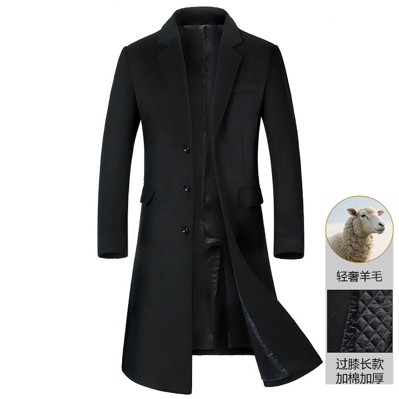 Cross-Border Export Specializes in Men's Woolen Coats, Long Over-The-Knee Suit Collar, Cotton-Padded and Thickened Woolen Coats