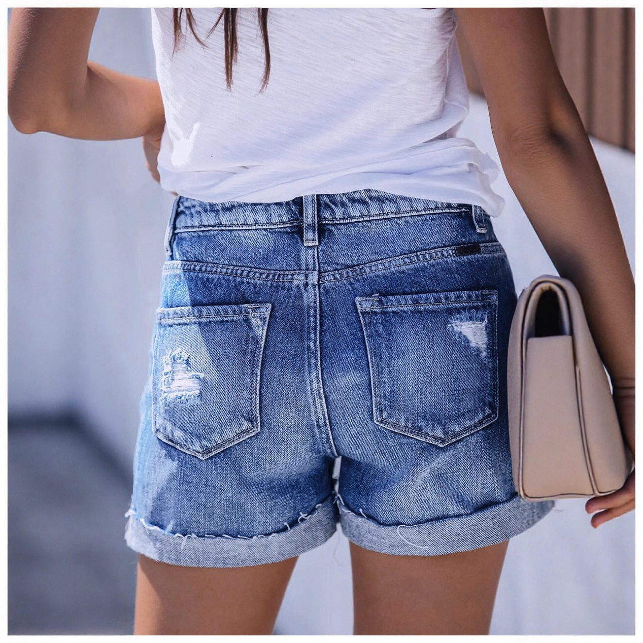 Shorts de Mezclilla con Rasgados para Mujer de Mezclilla de Algodón, Alta Elasticidad