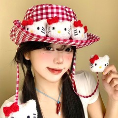 日本オリジナルキティ猫チェック柄漁師帽子女性の夏 y2k かわいい旅行日焼け止めレースアップ漁師帽子