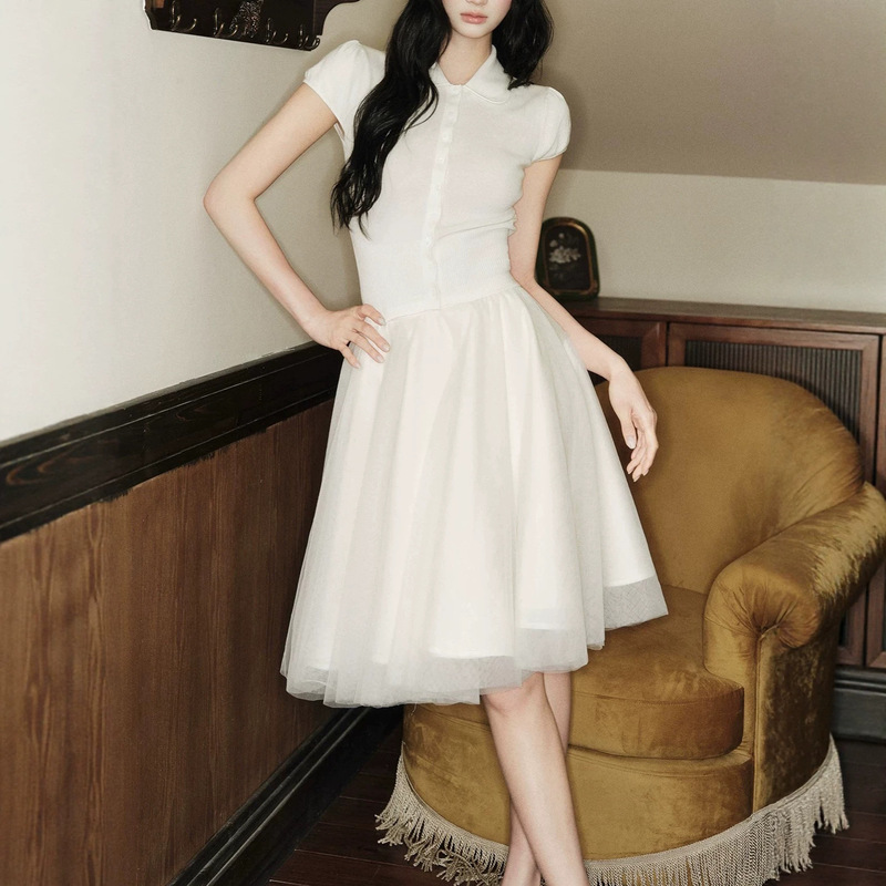 Dress Set for Women, New Summer Style, High-End and Elegant, Tencel Short-Sleeved Knitted T-Shirt, Mesh Mid-Length Skirt