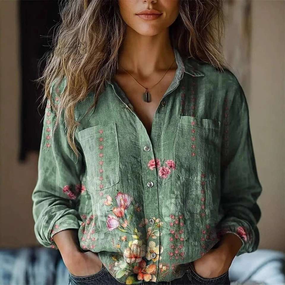 Amazon Independent Station трансграничный новый 3D цифровой принт леди мода цветочный плюс размер отворот рубашка топ