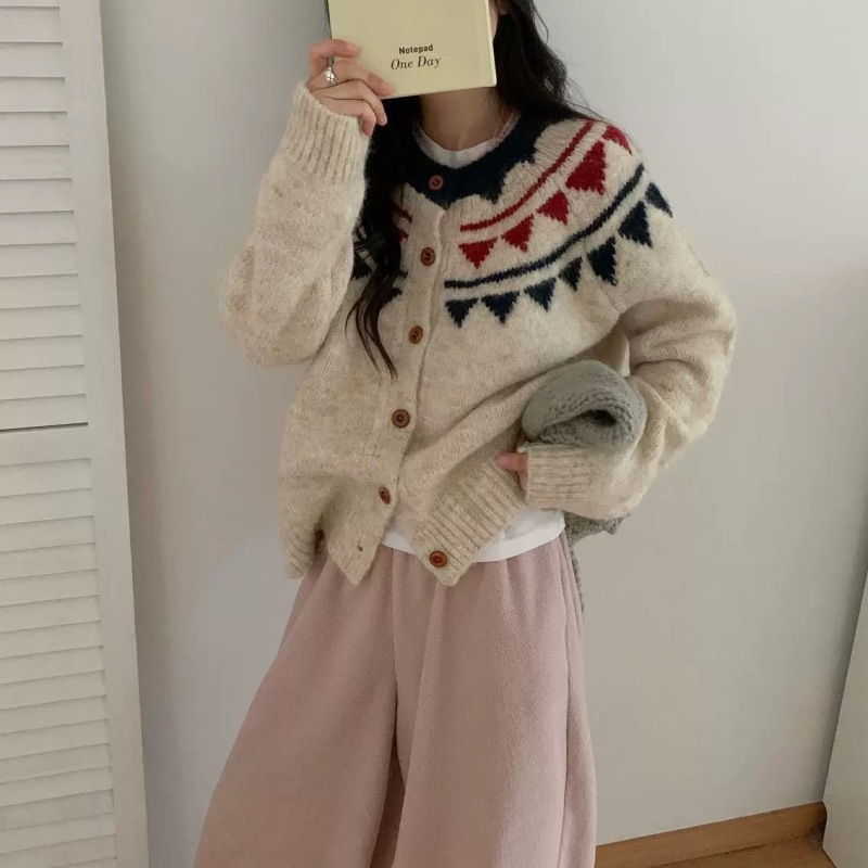 复古提花费尔岛圆领针织开衫女秋冬新款宽松慵懒软糯百搭毛衣外套|undefined