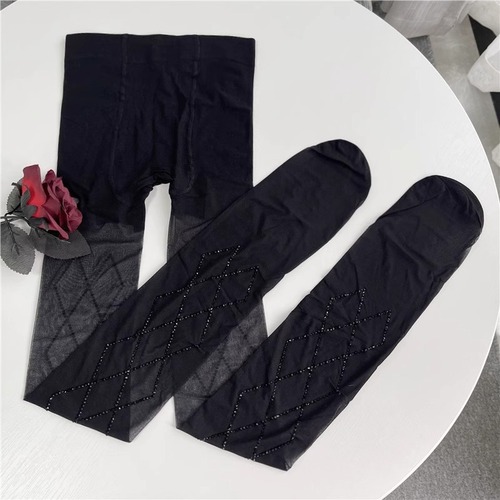 Gold-leaf decorated, sparkling, beaded silk stockings for women with rhombus pattern, embroidered pantyhose, thin, sexy, anti-snag black silk stockings