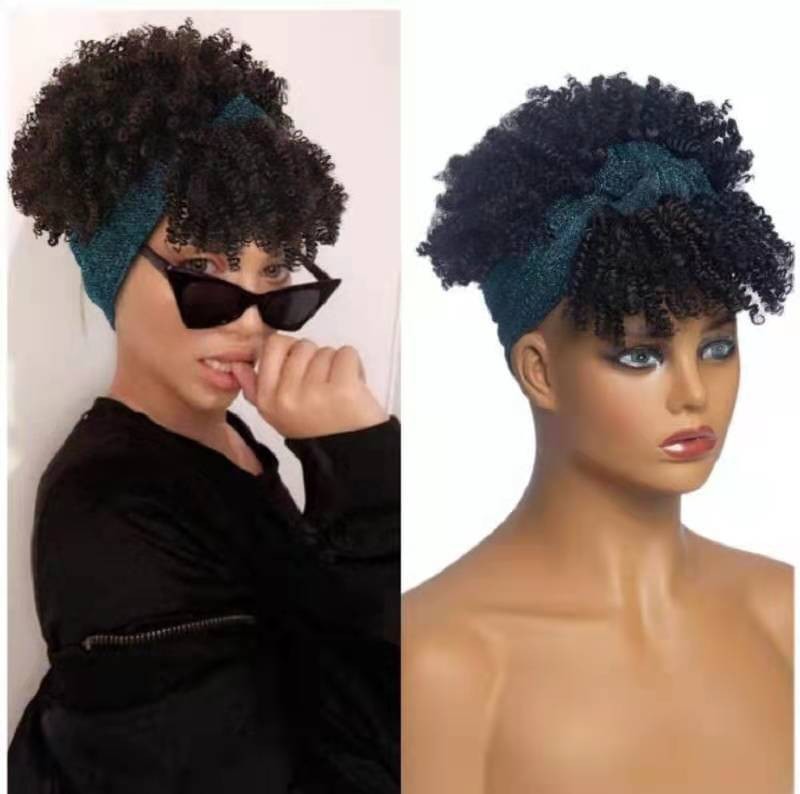 Amazon新品アフリカレディース小さいカール前髪一体ヘアバンドターバンかつら化学繊維かつらヘッドカバー|undefined