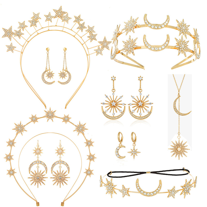 European and American cross-border double-layer bohemian Sun Moon headband crown six-pointed star earrings wedding dress accessories European and American cross-border double-layer bohemian Sun Moon headband crown six-pointed star earrings wedding dress accessories