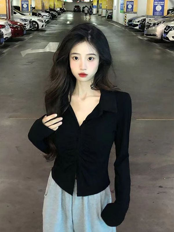 设计感褶皱长袖恤秋季新款修身显瘦小翻领纯欲风打底上衣女|undefined