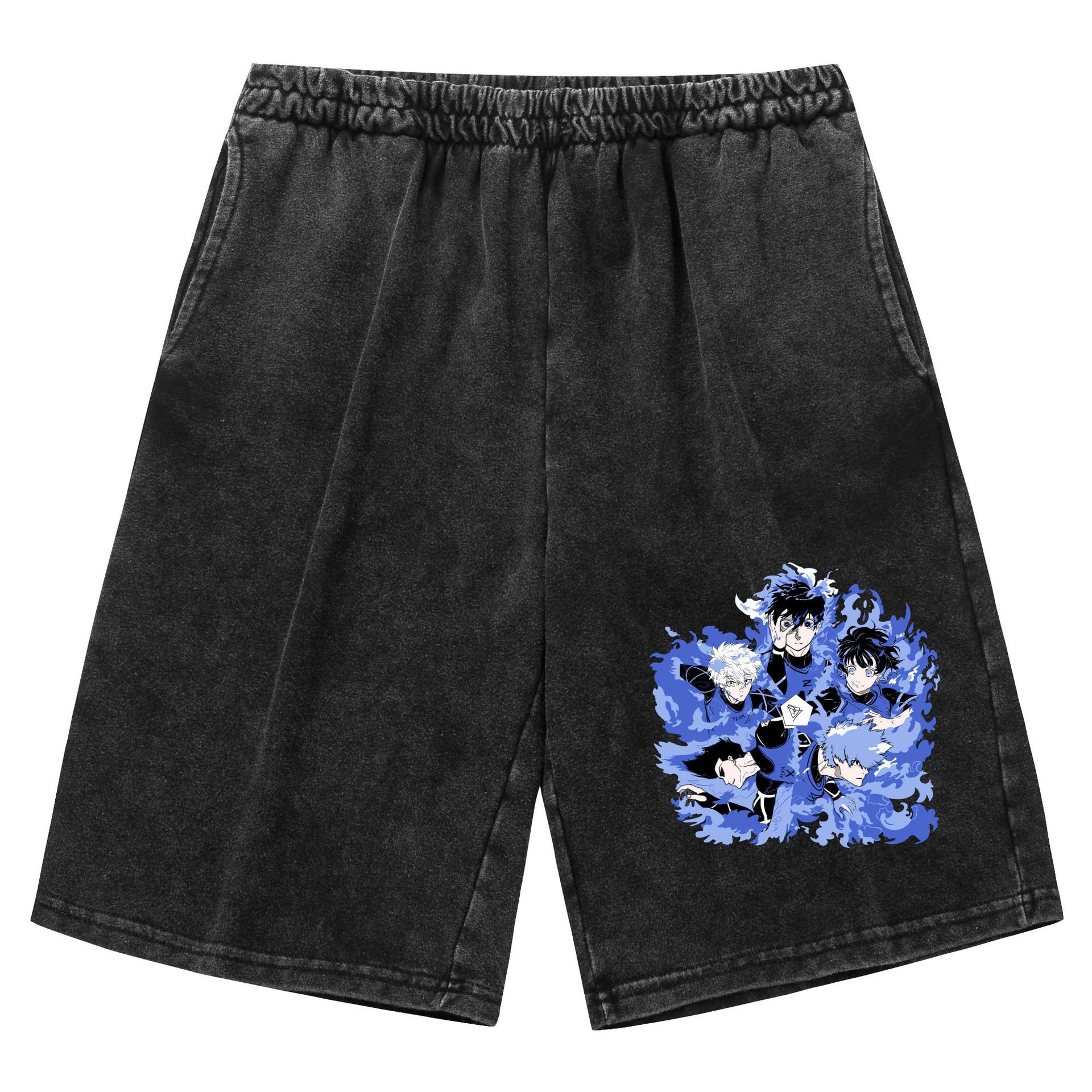 Pantalones cortos retro viejos lavados transfronterizos BLUE LOCK azul prisión estampado deportes de ocio