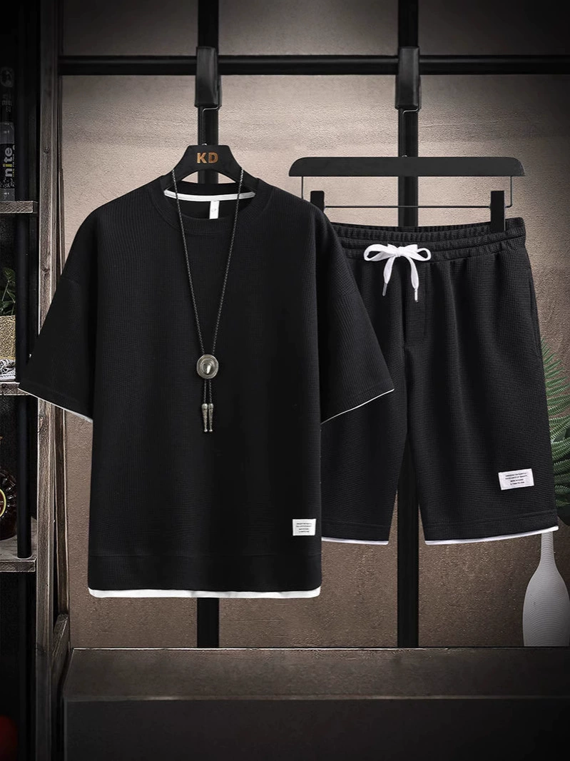 Мужская шелковая футболка, летний комплект для отдыха, тонкие брюки, с коротким рукавом