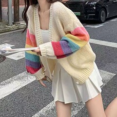 撞色软糯慵懒风针织开衫女秋冬新款小众设计感短款彩虹色毛衣现货