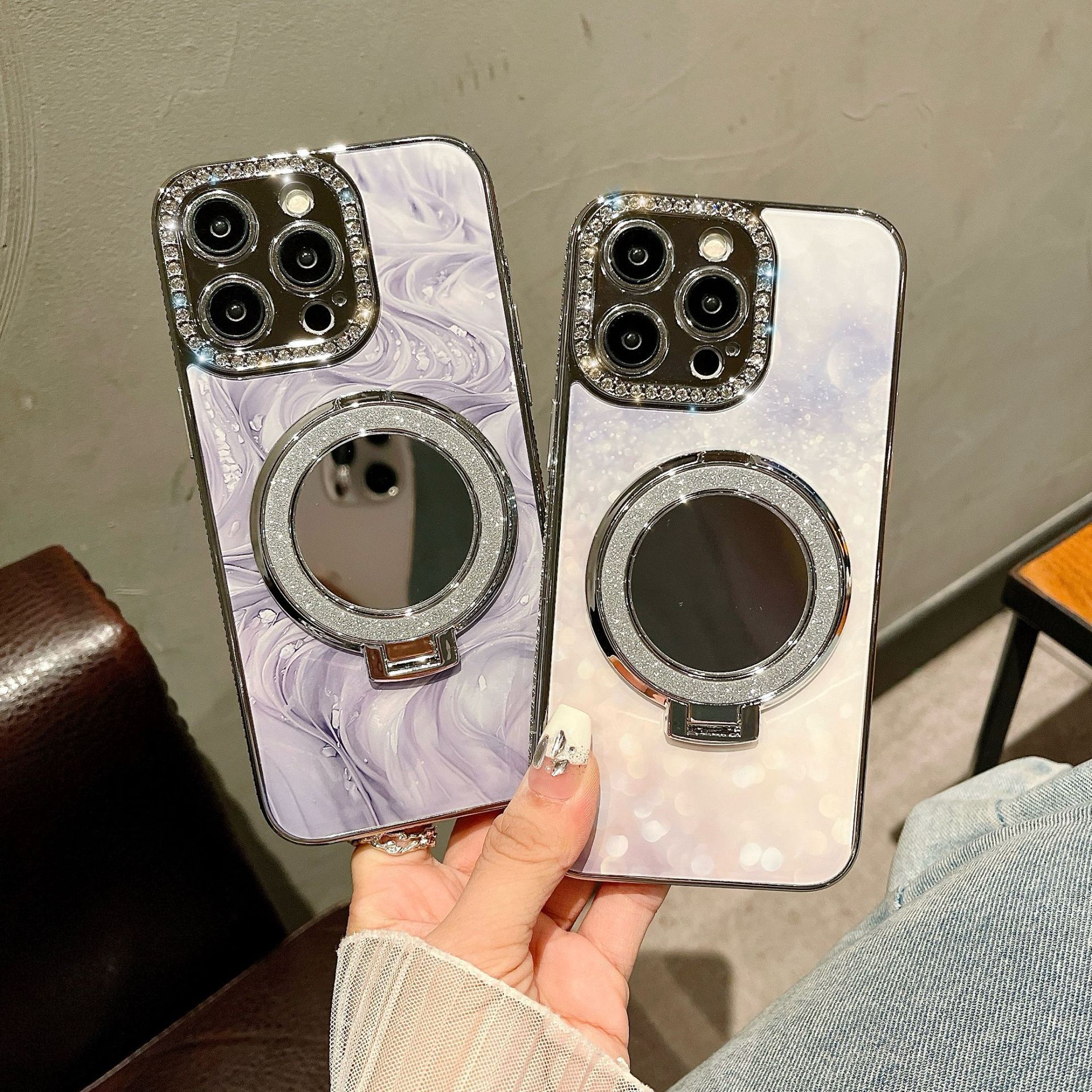 Sencillo florido 16ProMax Soporte de espejo de maquillaje iphone14 Funda para teléfono móvil Apple 15 Mujer 14 Lujo ligero 16