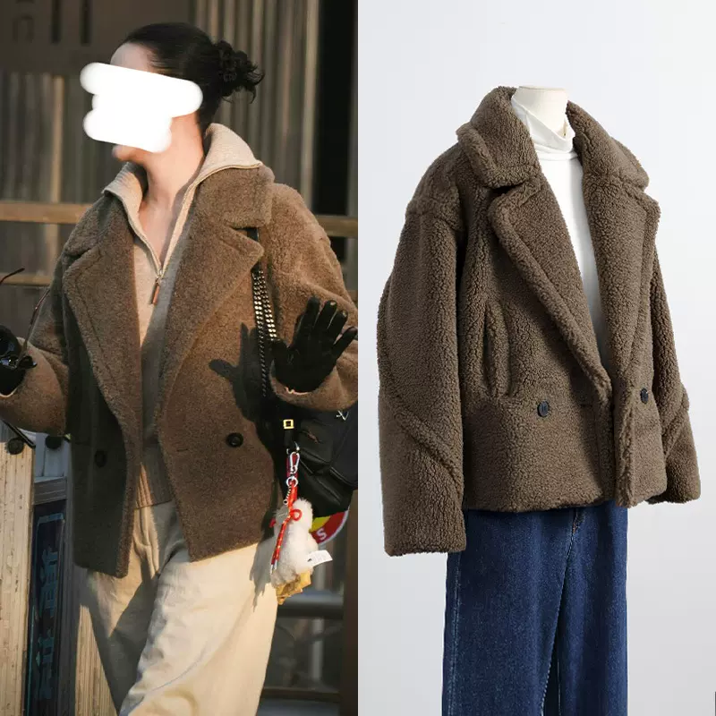 [现货]宋佳同款时尚减龄短款羊羔毛冬装款式加厚大翻领长袖外套女