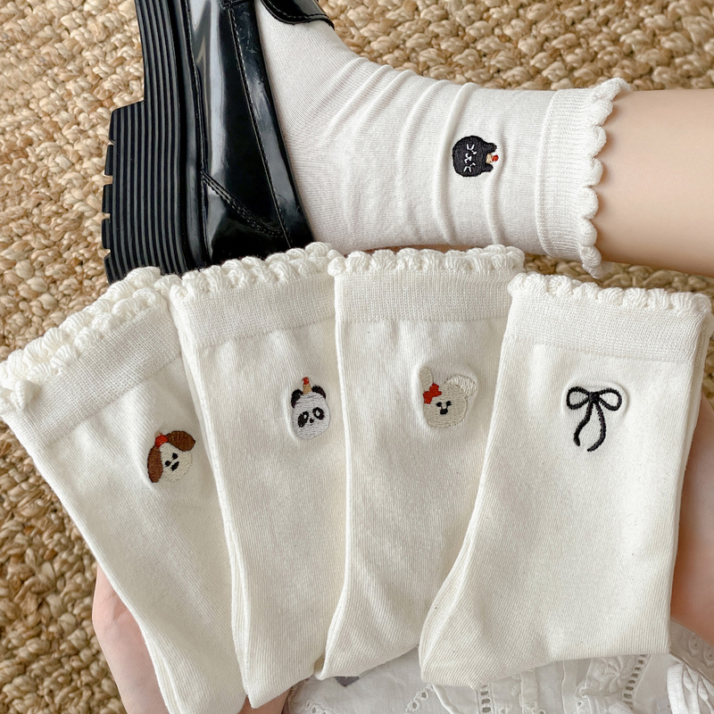 Summer Thin Socks for Women, Pure Cotton Mid-Calf Socks, White, Paired with Small Leather Shoes, Cute Lace Ruffle Socks, Long Socks in a College Style Summer Thin Socks for Women, Pure Cotton Mid-Calf Socks, White, Paired with Small Leather Shoes, Cute Lace Ruffle Socks, Long Socks in a College Style