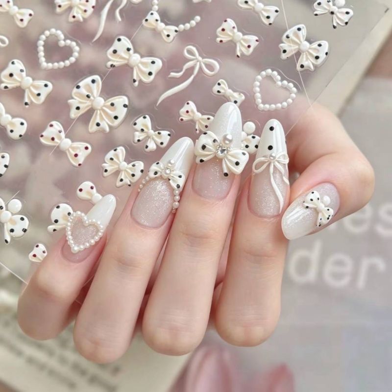 Nail art stickers with pearlescent polka dots, bows, three-dimensional relief, French shell shine, simple and versatile nail decoration decals