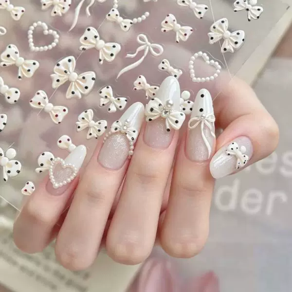 Nail art stickers with pearlescent polka dots, bows, three-dimensional relief, French shell shine, simple and versatile nail decoration decals