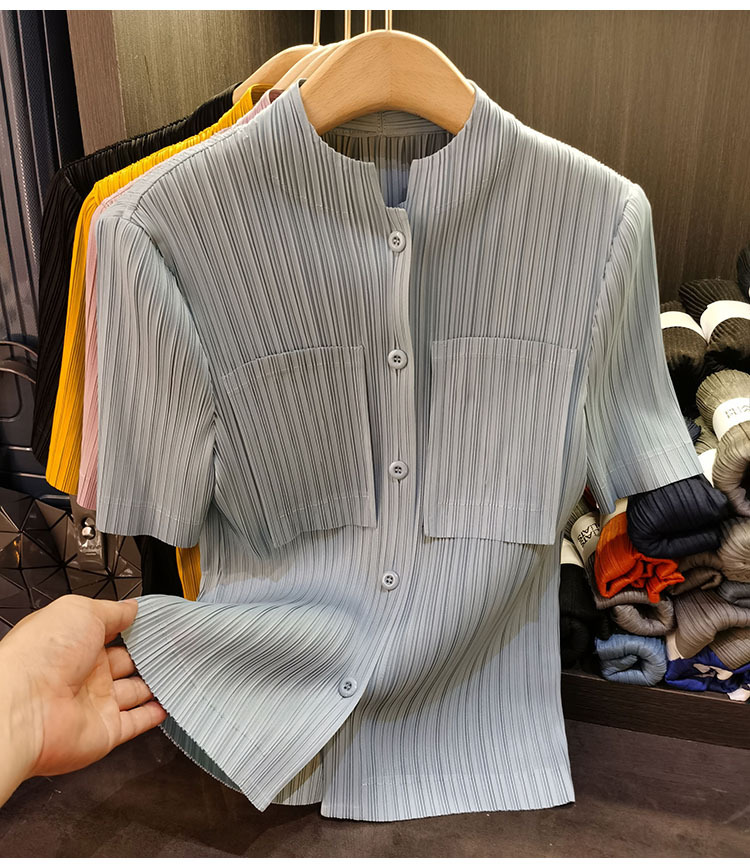 Áo sơ mi nữ cổ đứng xếp ly tay ngắn thiết kế túi hộp — Màu đen, Màu xanh lam, Màu hồng chi tiết 4