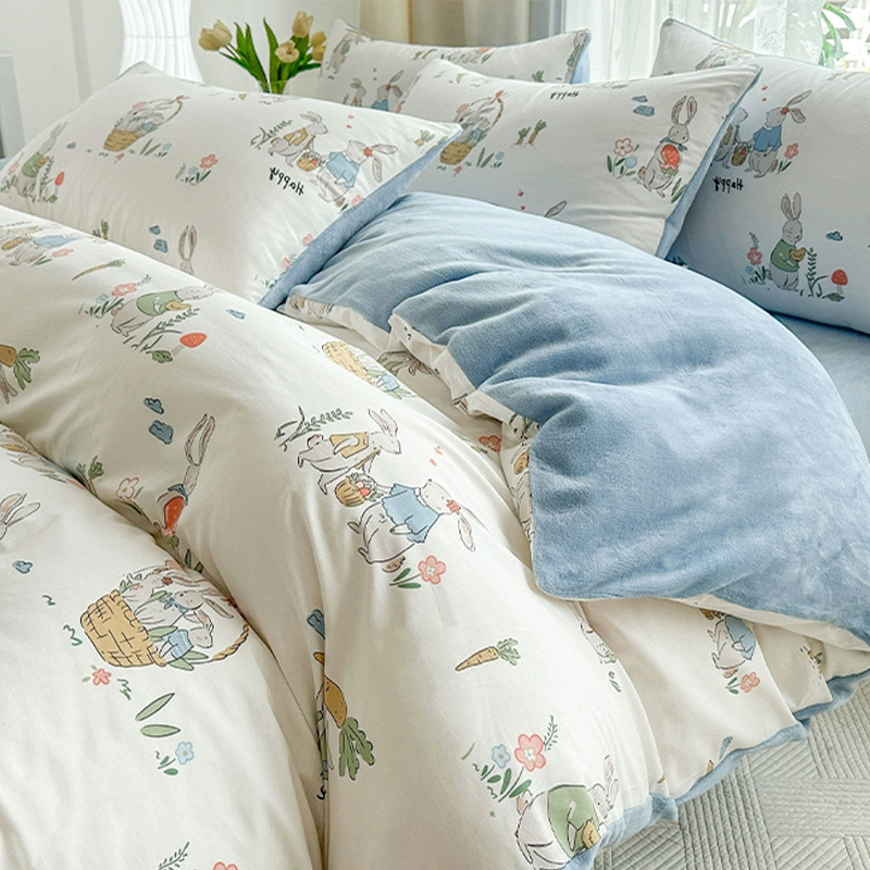 Juego de cuatro piezas de terciopelo de leche de algodón puro 2023 nuevo otoño e invierno más funda de edredón de sábana de terciopelo de coral juego de tres piezas