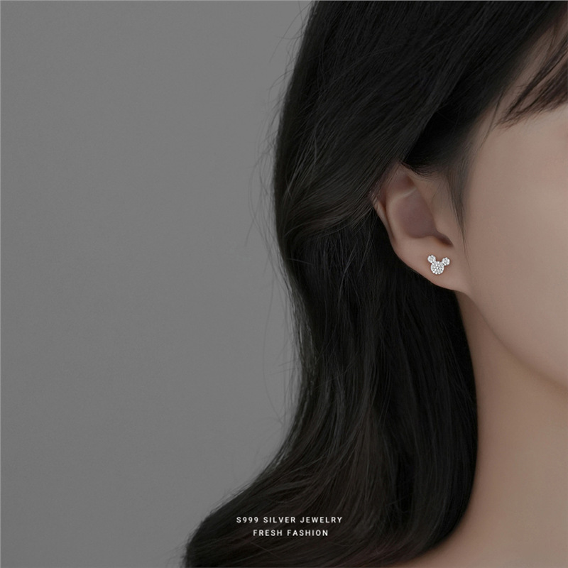 S999 Silver Mouse Stud Earrings For Women Sparkling Diamond Design_voghion.com